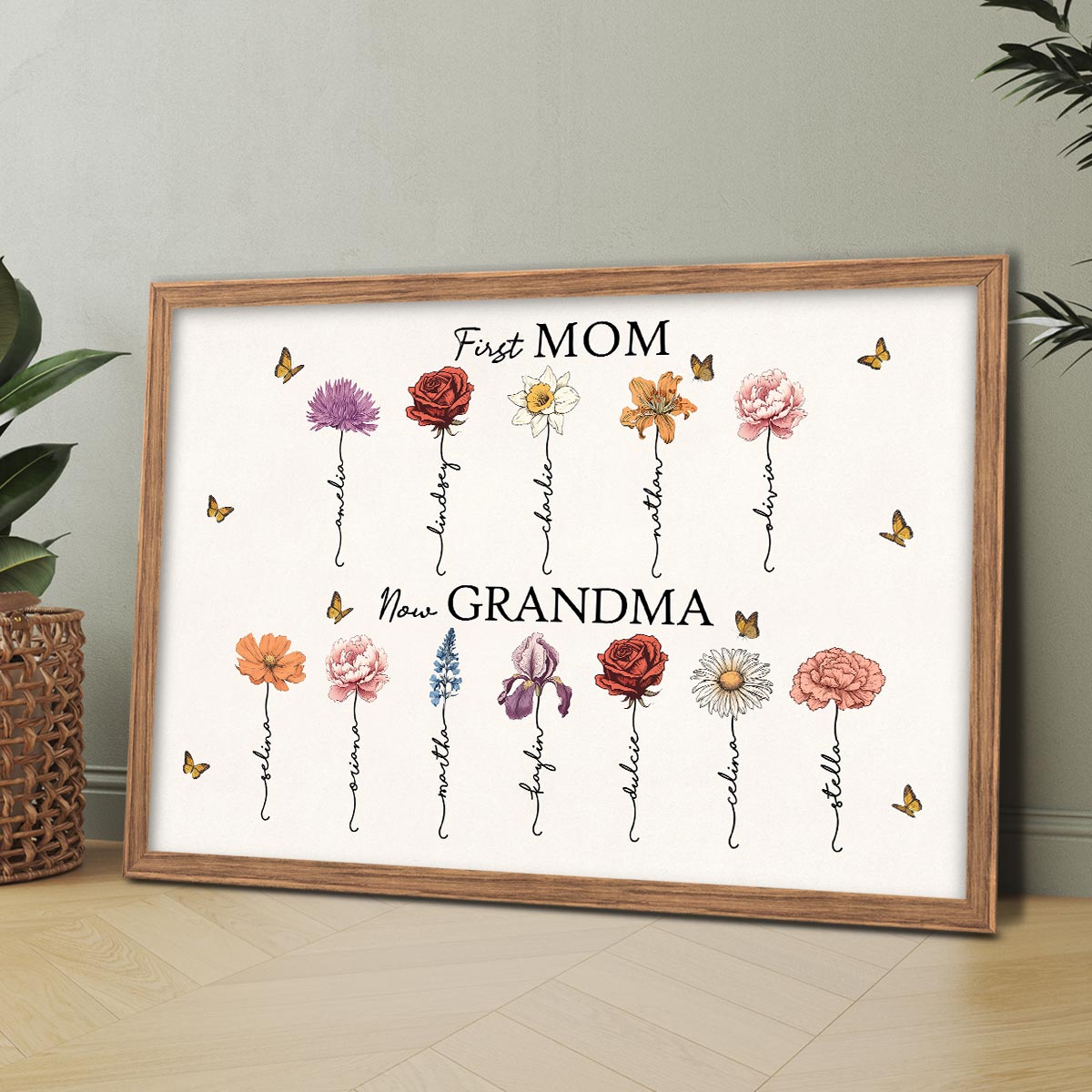 Vintage Birth Month Flowers First Mom Now Grandma Personalized Poster, Gift