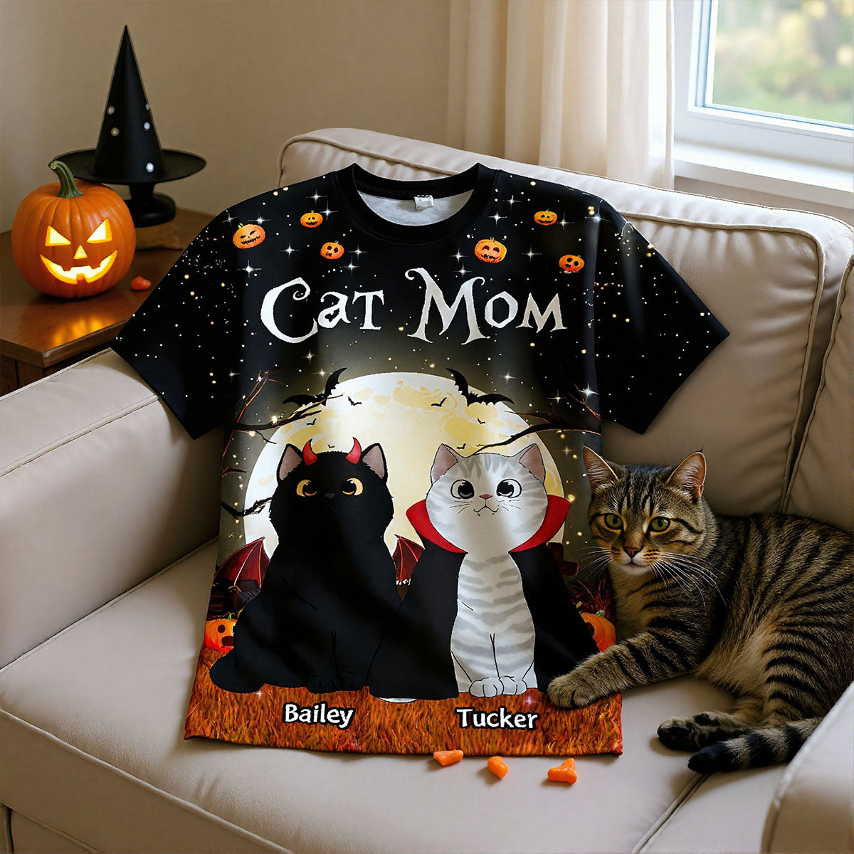 Spooky Cats In Halloween Moon Light Personalized Shirt, Halloween Costume For Cat Lover