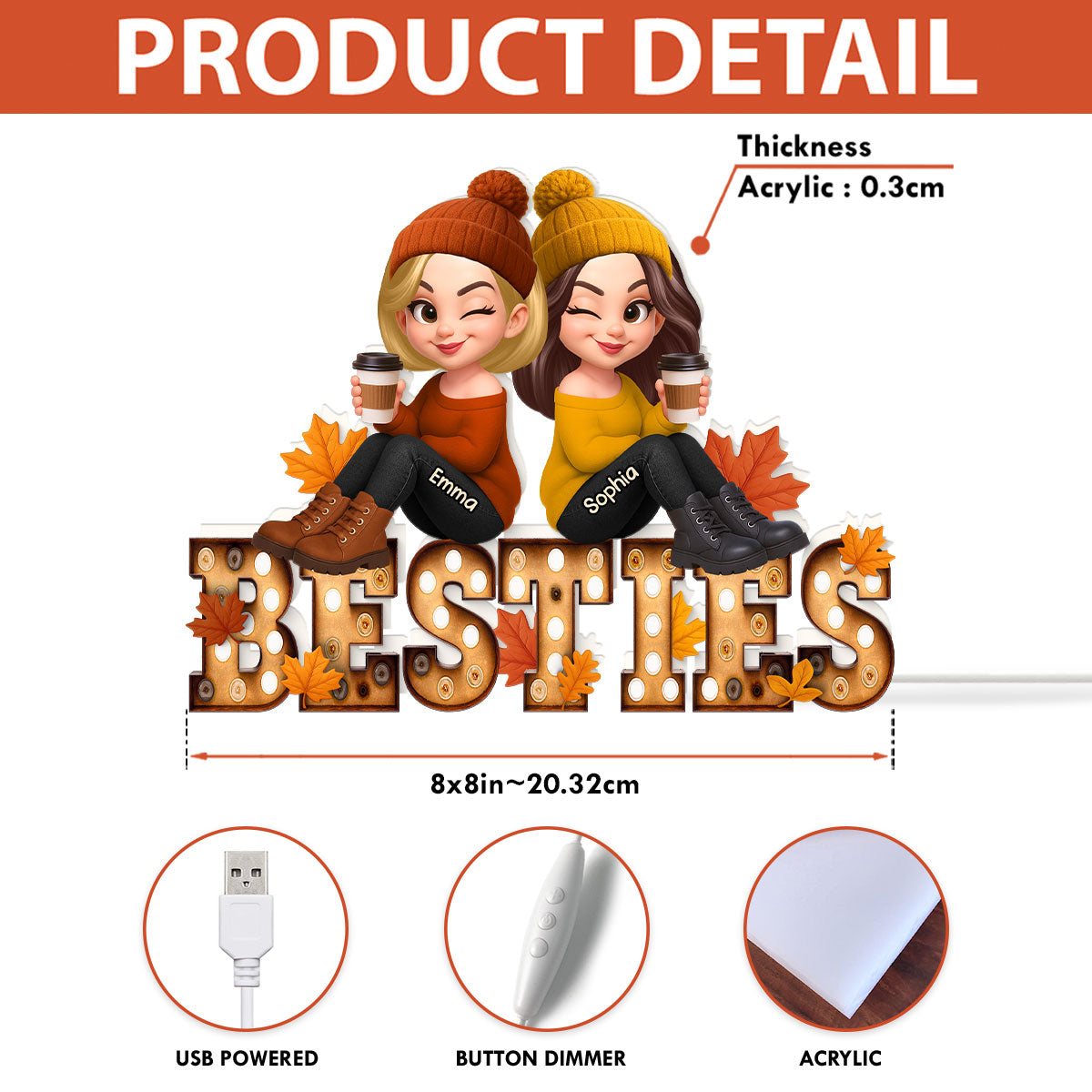 Fall Besties Sitting On Text Marquee Effect Personalized Light Box, Meaningful Gift For Best Friends