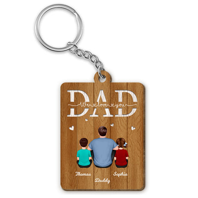 Back View Dad And Kids Dogs Cats Sitting We Love You Personalized Wooden Keychain