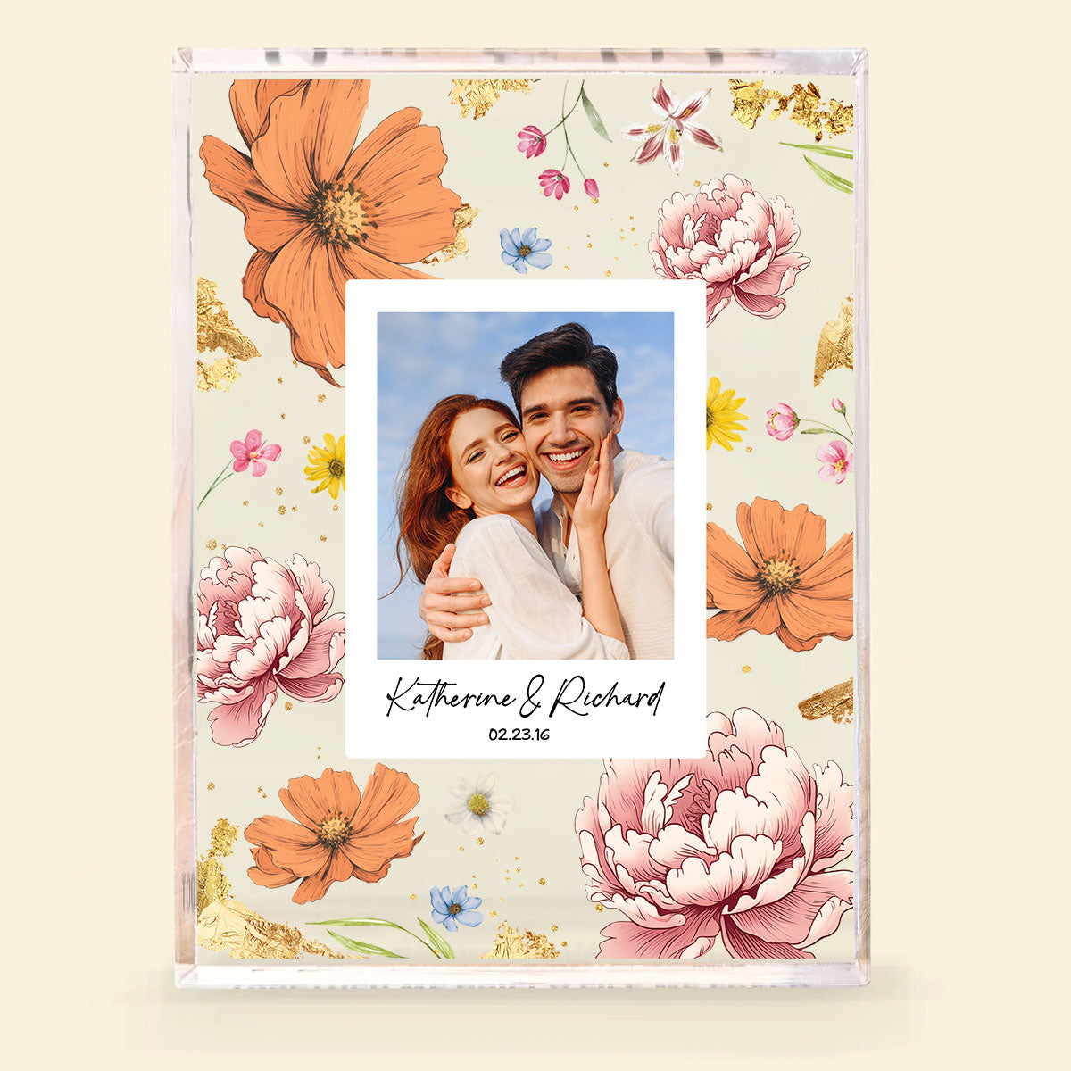 Couple Upload Photo Birth Month Flowers Personalized Acrylic Block Plaque, Anniversary Gift,  Gift