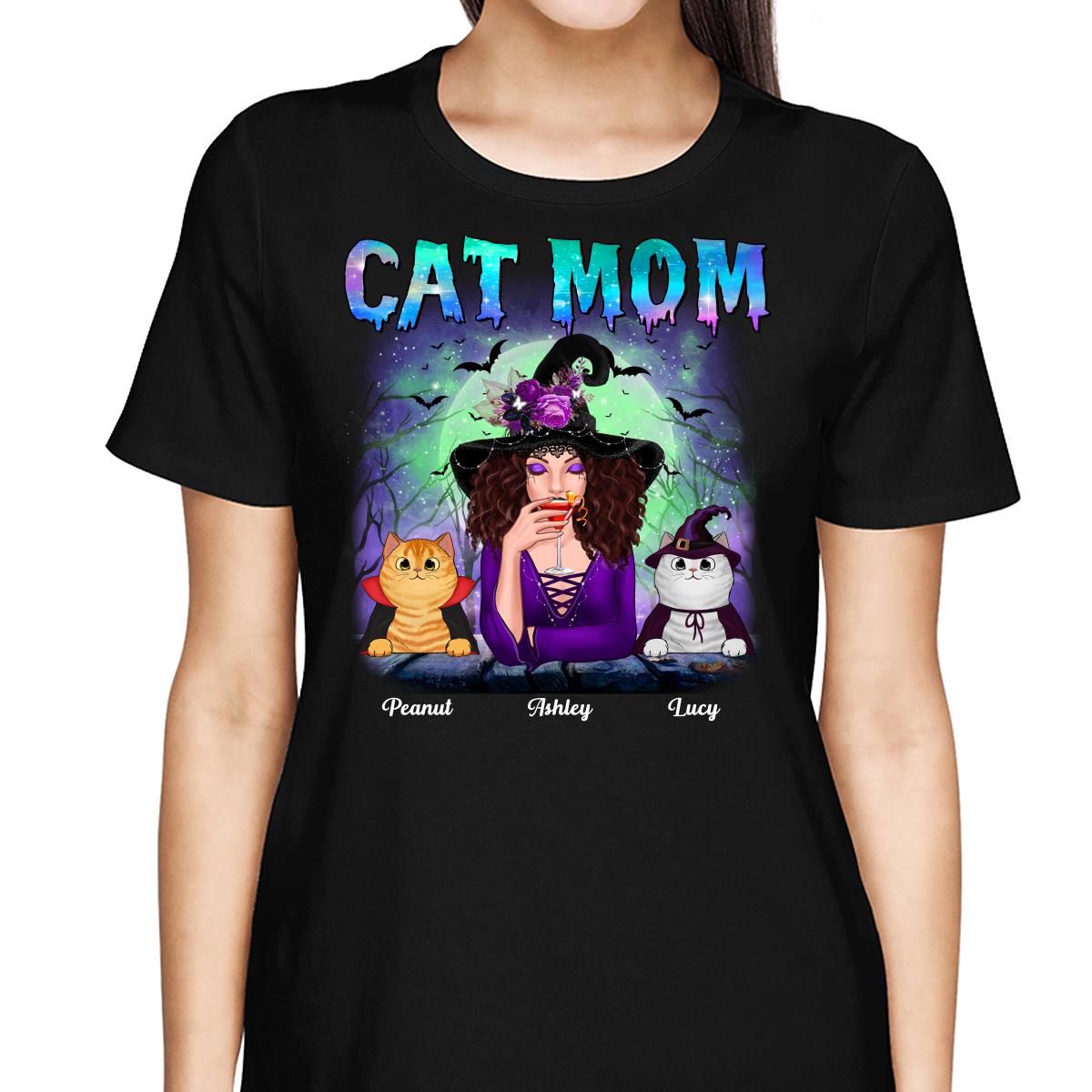 Halloween Neon Green And Purple Cat Mom Witch Personalized Shirt