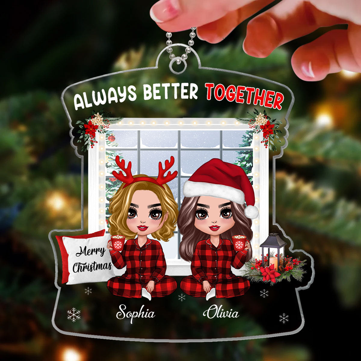 Pajamas Doll Besties Sitting By Christmas Window Personalized Acrylic Ornament