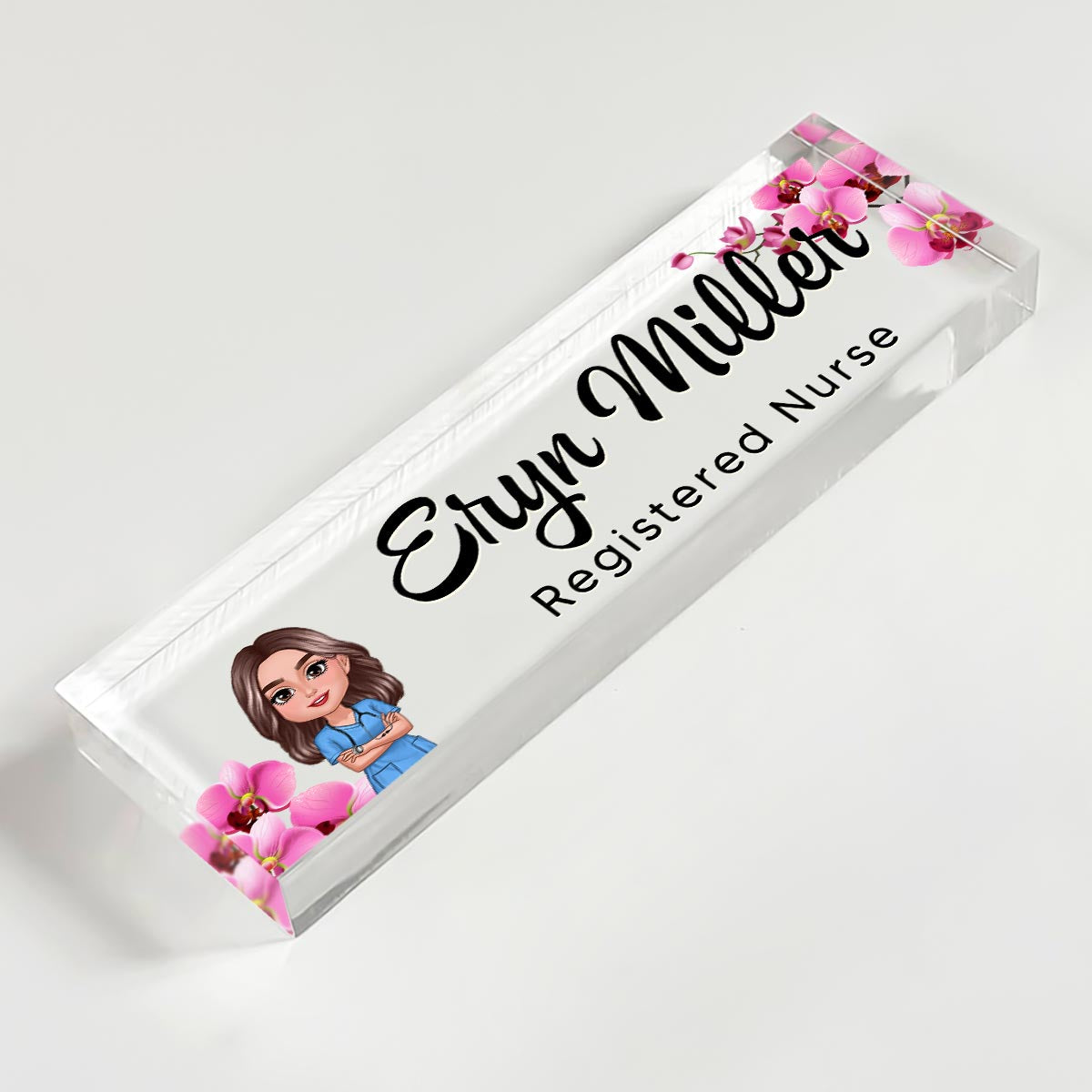 Nurse Flowers Personalized Acrylic Desk Name Plate, Gift For Nurses, Doctors, Healthcare Workers