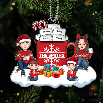 Cute Family Dad Mom Kids Dogs Cats Sitting By Christmas Hot Cocoa Personalized Acrylic Ornament
