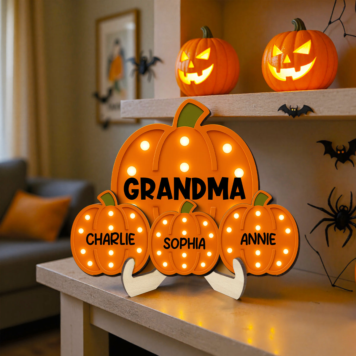 Grandma Little Pumpkins Faux Marquee Pattern Personalized 2-Layer Wooden Plaque, Cozy Fall Season Home Decor