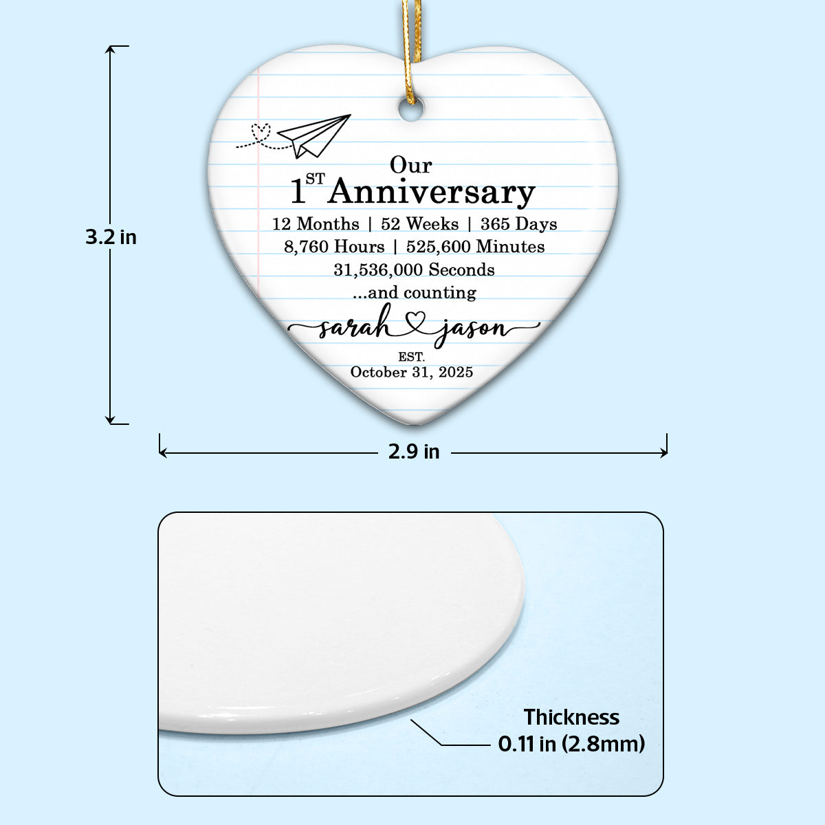 Our 1st Anniversary - Personalized Ceramic Ornament - Paper Traditional Gift for Her, Gift for Him, Christmas Keepsake