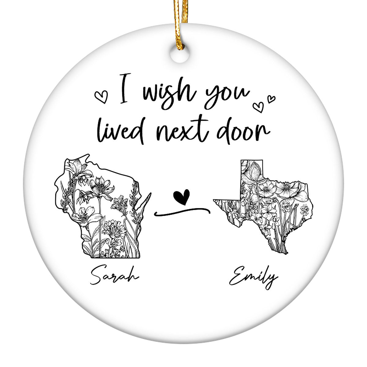 Togetherness Keepsake Long Distance Outline Wildflower State Map Personalized Ceramic Ornament