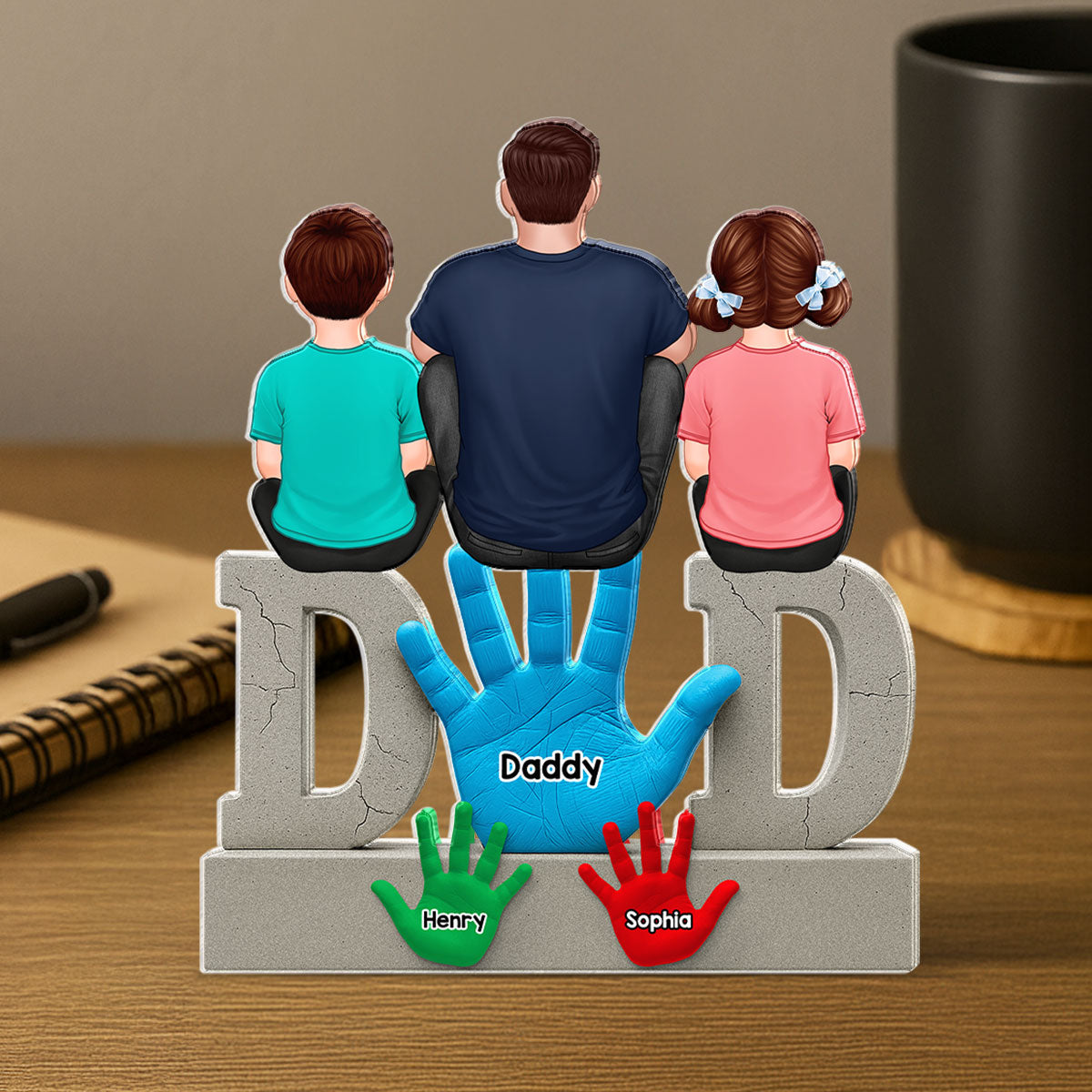 Dad Handprints Dad And Kids Sitting On Text Personalized Acrylic Block Plaque