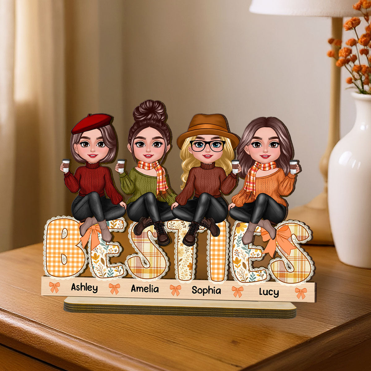 Fall Season Besties Sitting On Text Lace Patterned Personalized Standing Wooden Plaque