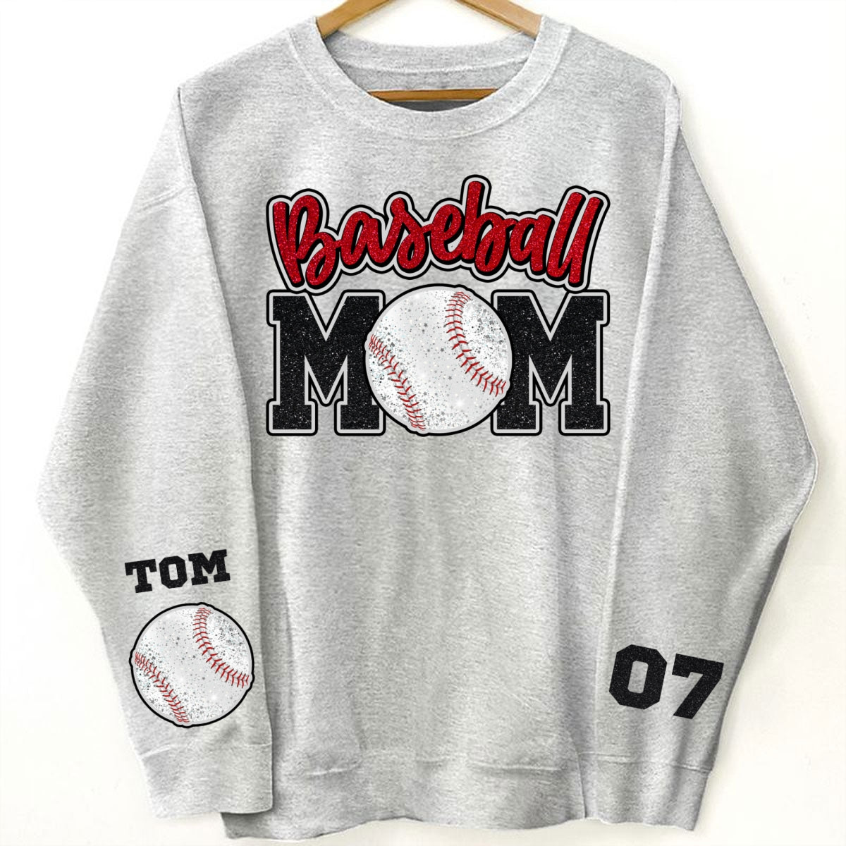 Glitter Effect Baseball Mom Personalized Sleeve Printed Shirt, Proud Baseball Mom Game Day Shirt, Gift For Baseball Mom