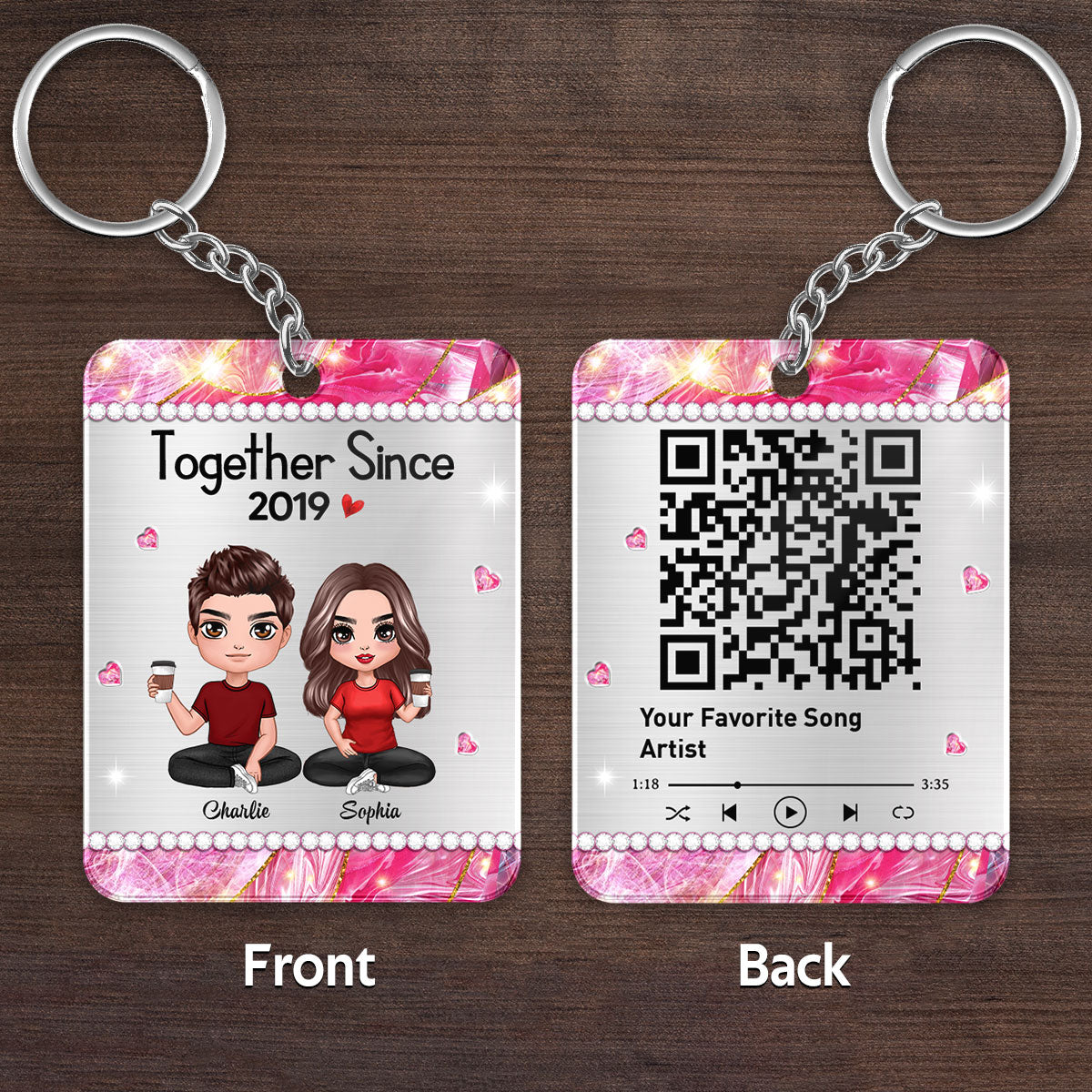 Beautiful Pattern Doll Couple Sitting Favorite Song Scannable QR Code Personalized Acrylic Keychain