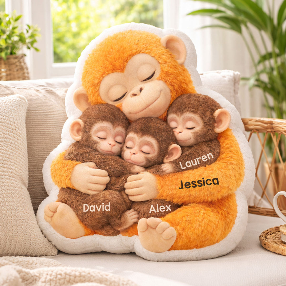 Mother Monkey & Children, Baby Monkey Punch - Personalized Faux Fur Custom Shaped Pillow - Heartfelt Mother's Day Gift for Mom, Wife