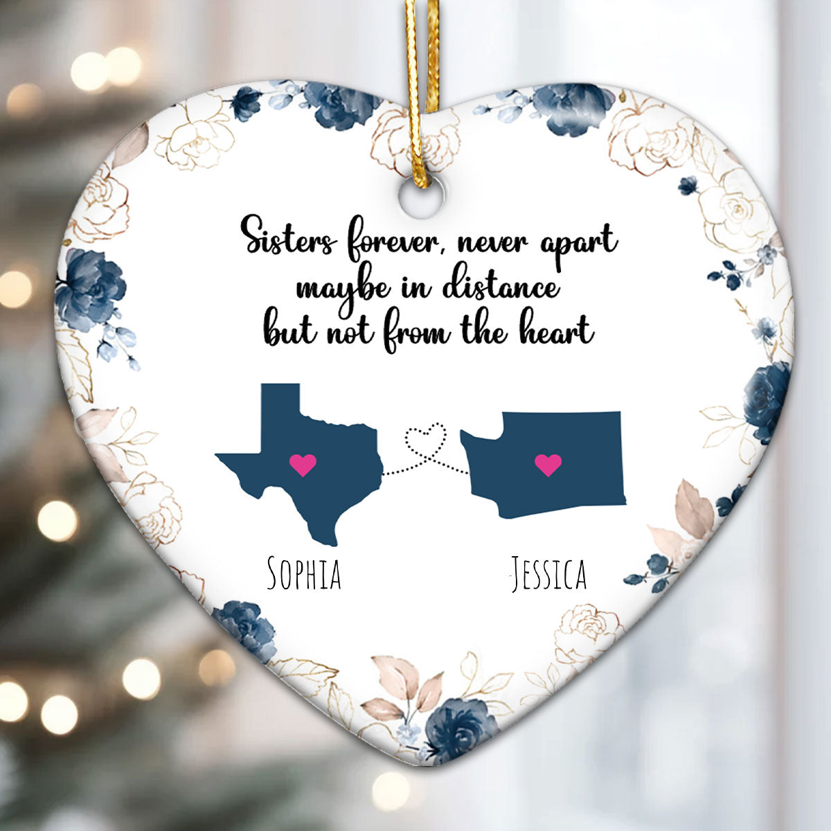 Sisters Forever Never Apart Personalized Ceramic Heart Ornament, Long Distance Togetherness Christmas Gift For Sisters, Siblings