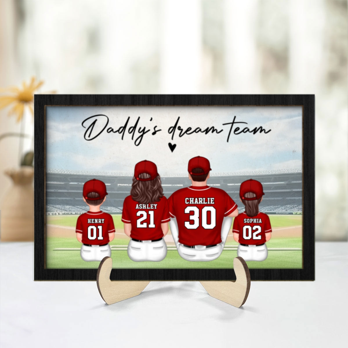 Daddy's Team Baseball Family Sitting Personalized 2-Layer Wooden Plaque, Father's Day Gift For Dad, Grandpa, Husband