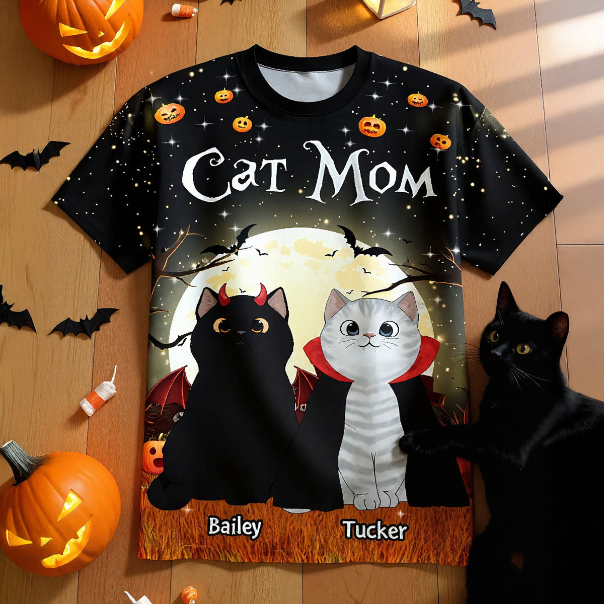 Spooky Cats In Halloween Moon Light Personalized Shirt, Halloween Costume For Cat Lover