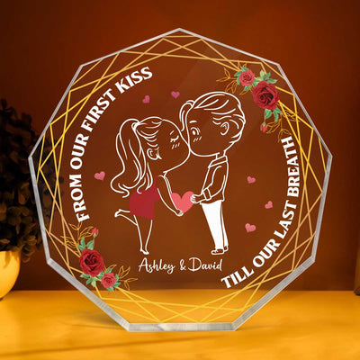 Chibi Couple Kissing Personalized Nonagon Acrylic Plaque - Gift For Him Gift For Her