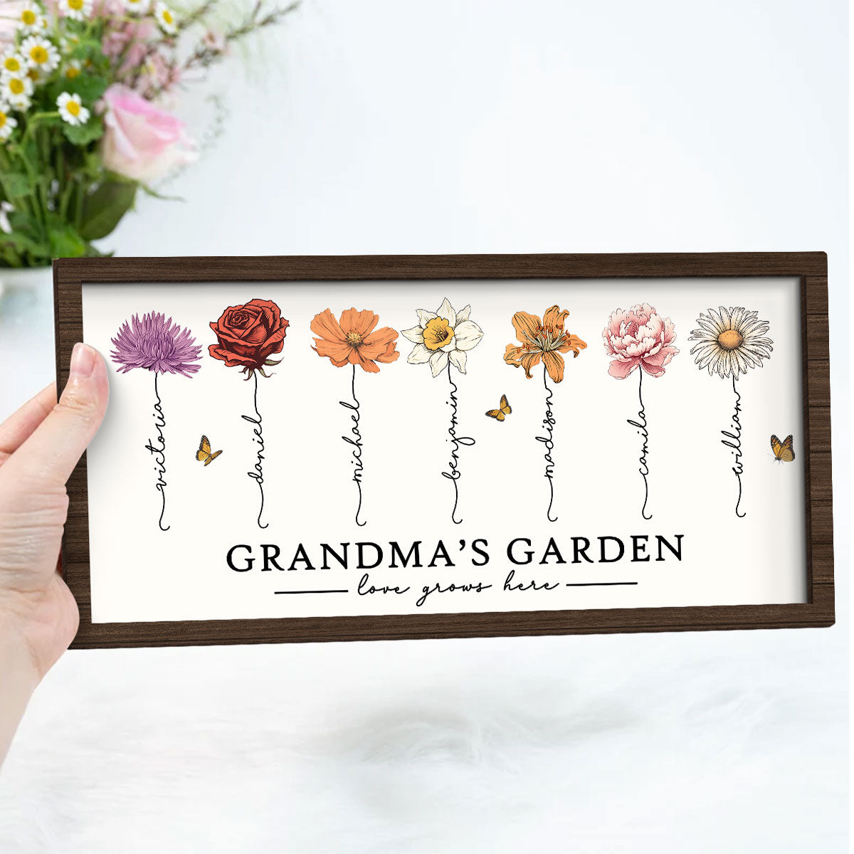 Love Grows Here Grandma's Garden Birth Month Flowers 2-Layer Wooden Plaque, Gift for Grandma, for Mom