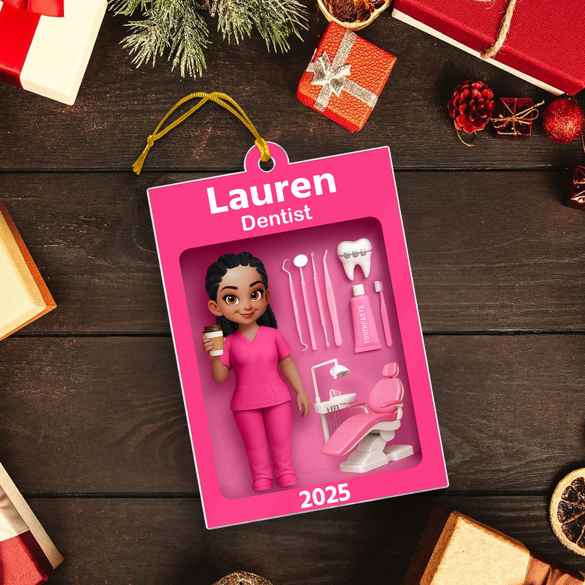 Pink Dentist Action Figure - Personalized Acrylic Ornament - Unique Christmas Gift For Dentist