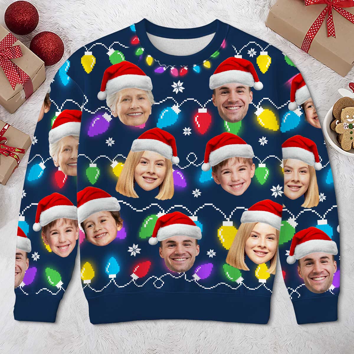 Christmas Light Family Dog Cat Pet Photo Upload Funny Christmas Personalized Faux Knit Ugly Sweater