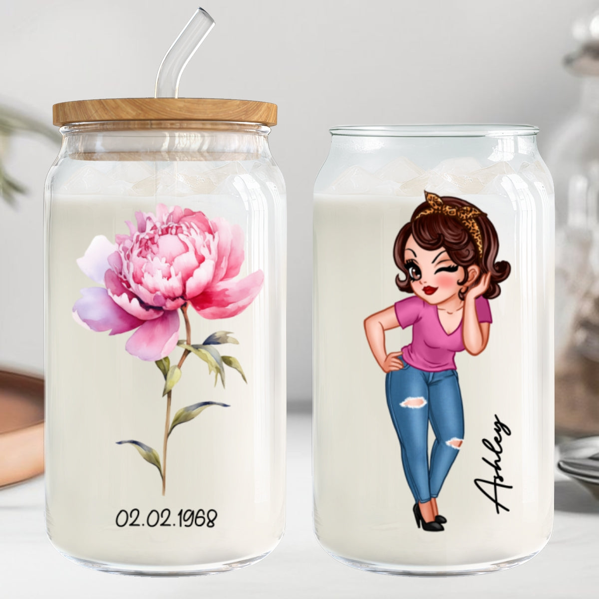 Beautiful Birth Month Flower Mother‘s Day Birthday Gift For Grandma Mom Women Personalized Clear Glass Can