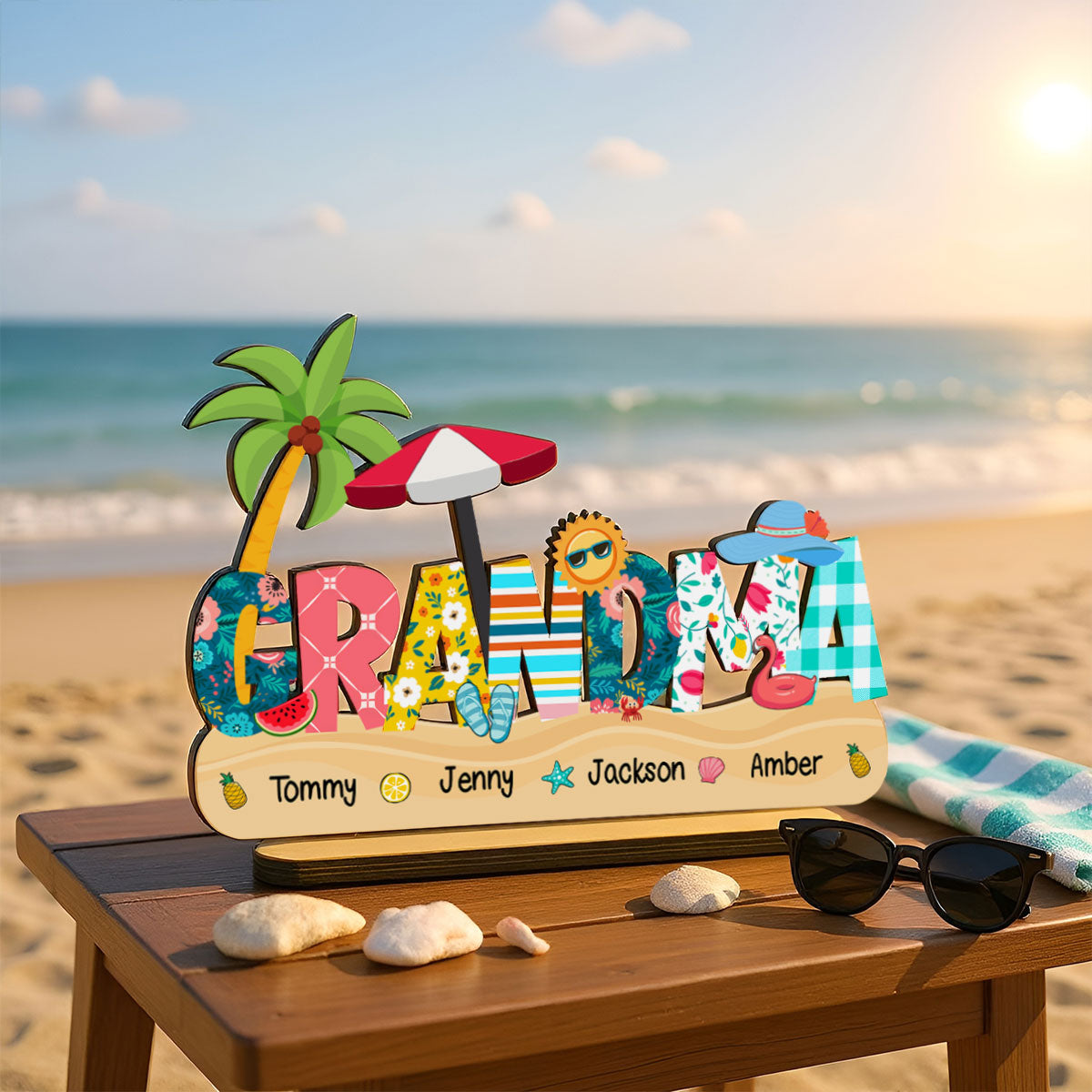 Summer Grandma Mom Pattern Personalized 2-Layer Standing Wooden Plaque