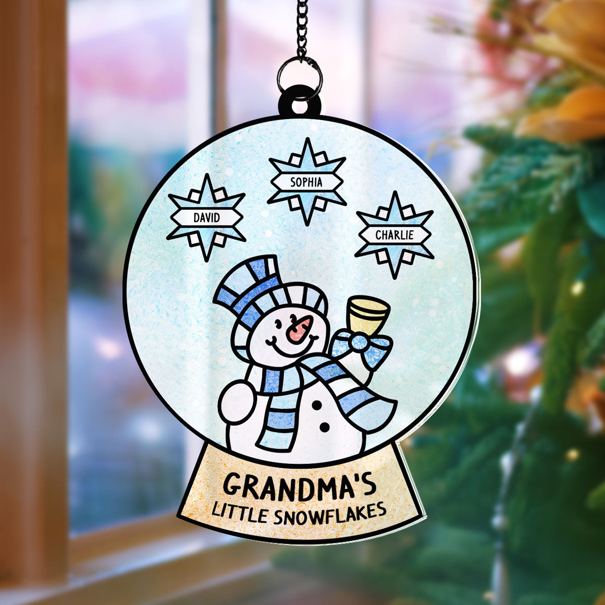 Grandma Grandchild Snowman Family Personalized Suncatcher, Christmas Stained Glass Decor