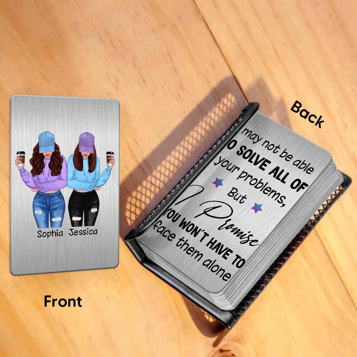 Front View Besties Gift For Best Friends Personalized Metal Wallet Card