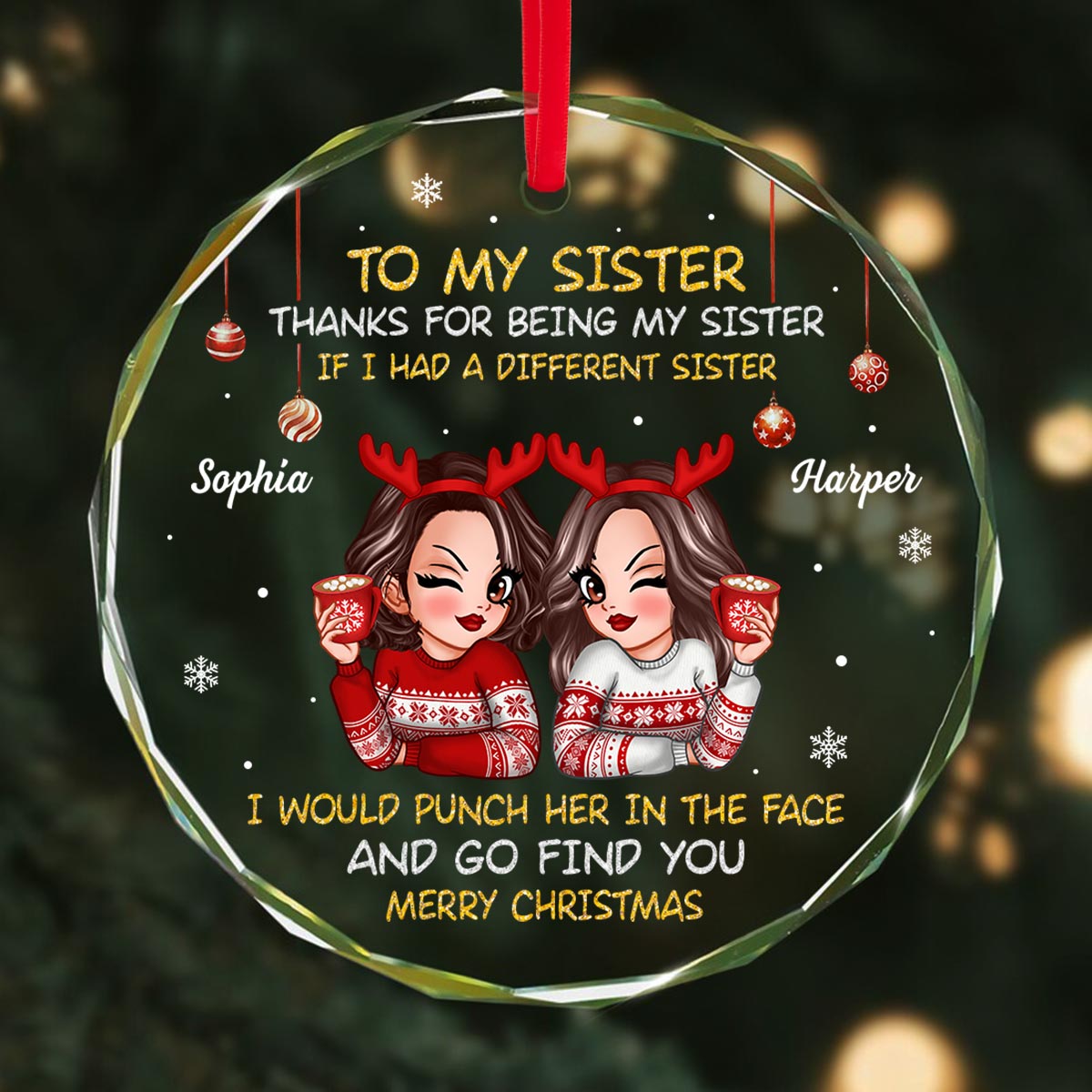 To My Sister Brother Merry Christmas Personalized Glass Ornament, Christmas Gift For Sisters, Brothers
