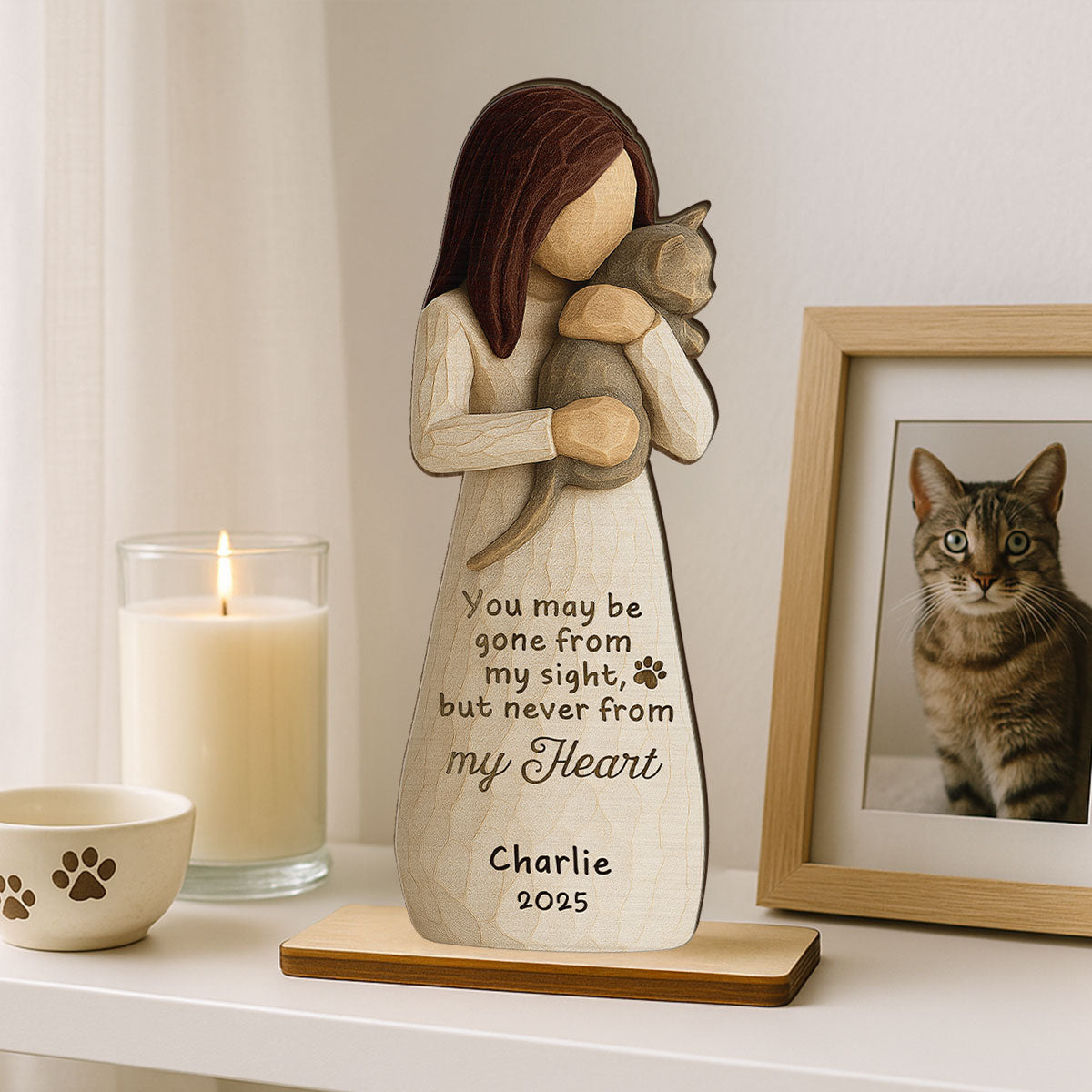 Until We Meet At Rainbow Bridge Woman & Cat 3D Effect Personalized Standing Wooden Plaque, Memorial Sympathy Gift