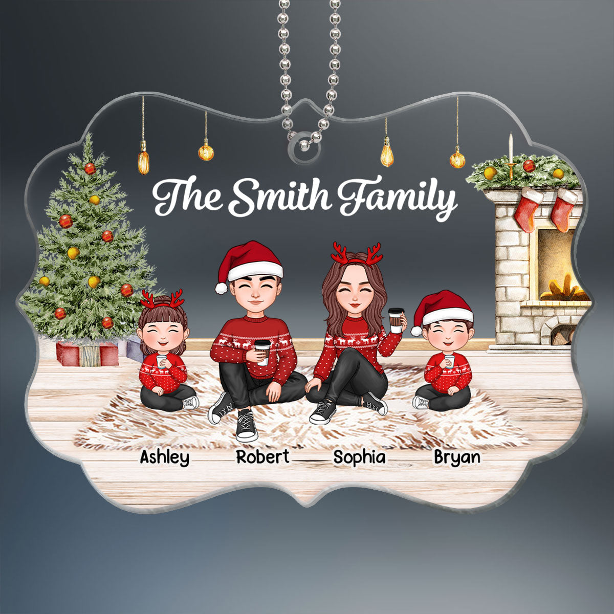 Christmas Cute Family Sitting Brick Fireplace Personalized Acrylic Ornament