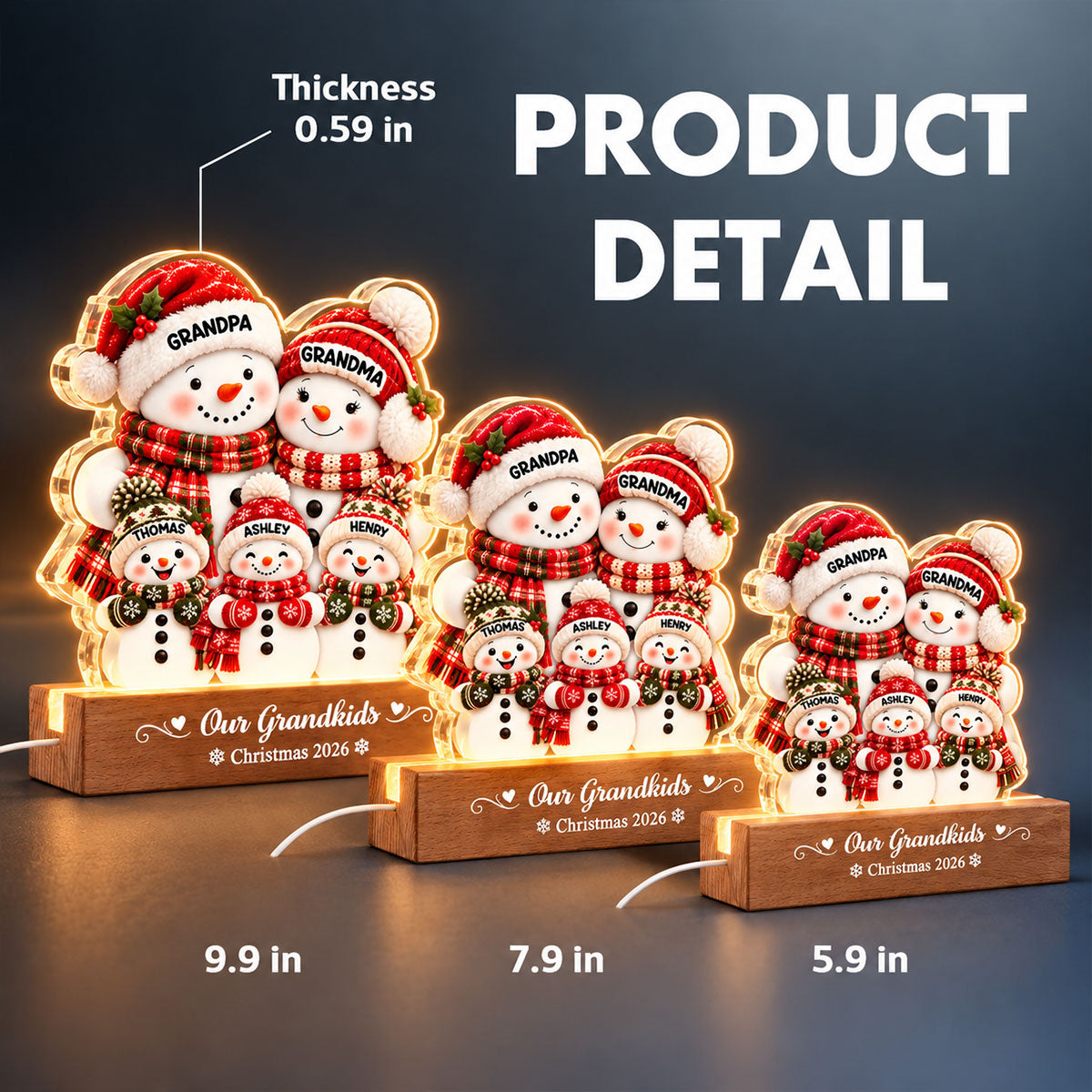 Cozy Warm Christmas Snowman Grandpa Grandma Grandkids - Personalized Acrylic Block LED Night Light - Christmas Decor For Grandparents