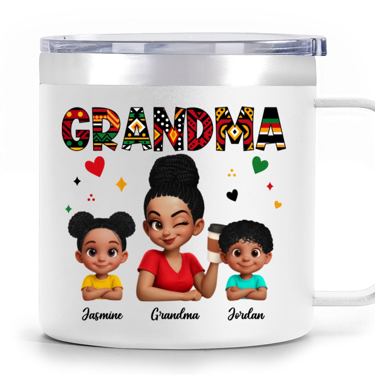 Tribal Pattern Grandma Grandkids Love - Personalized Stainless Steel Tumbler With Handle - Gift For Grandma