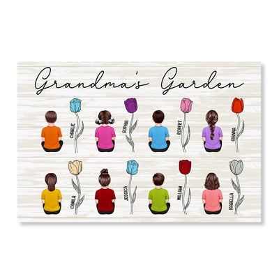Grandkids Sitting Grandma Garden Tulip Flowers Personalized Horizontal Poster