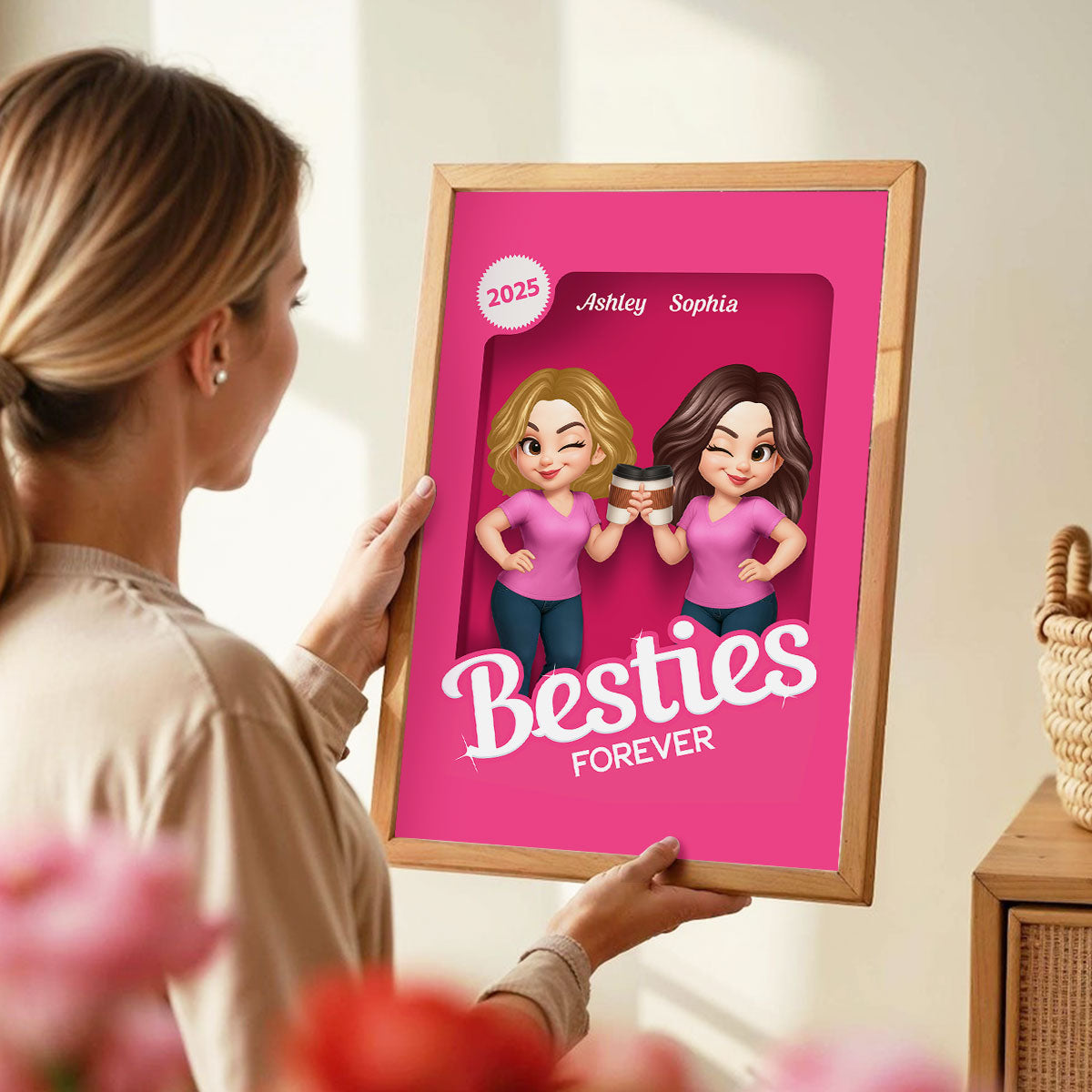 Besties Partners In Crime Pink Action Figure 3D Effect Personalized Poster