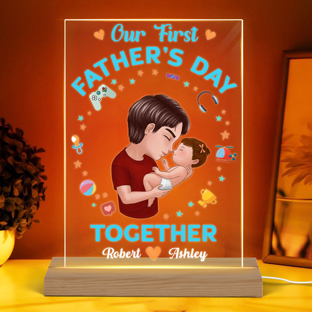 Our First Father‘s Day Doll Dad Holding Baby Personalized Rectangle Acrylic Plaque LED Night Light