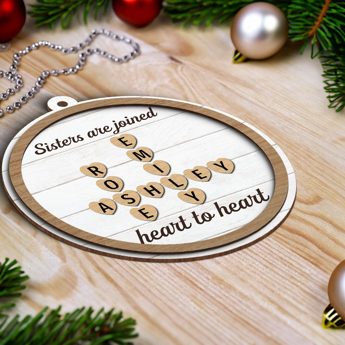 Sisters Are Joined Heart To Heart Crossword Puzzle Personalized 2-Layer Wooden Ornament, Christmas Gift For Best Friends, Sisters