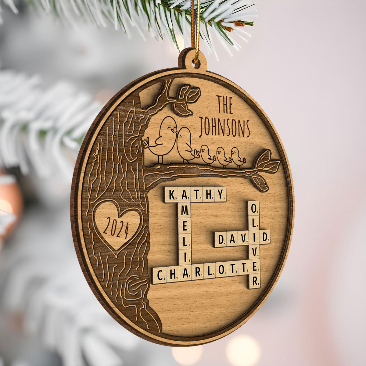 Family Tree Crossword Puzzle Art, Personalized 2-Layered Wooden Ornament