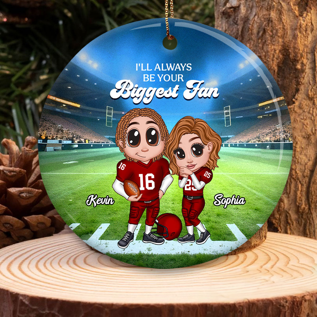 Always Your Biggest Fan American Football Couple Y2K Style Personalized Circle Ceramic Ornament