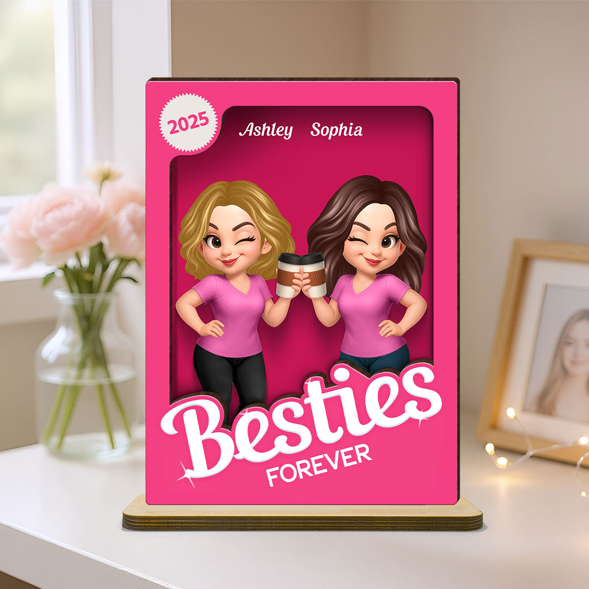 Besties Partner In Crime Pink 3D Effect Action Figure Personalized 2-Layer Standing Wooden Plaque