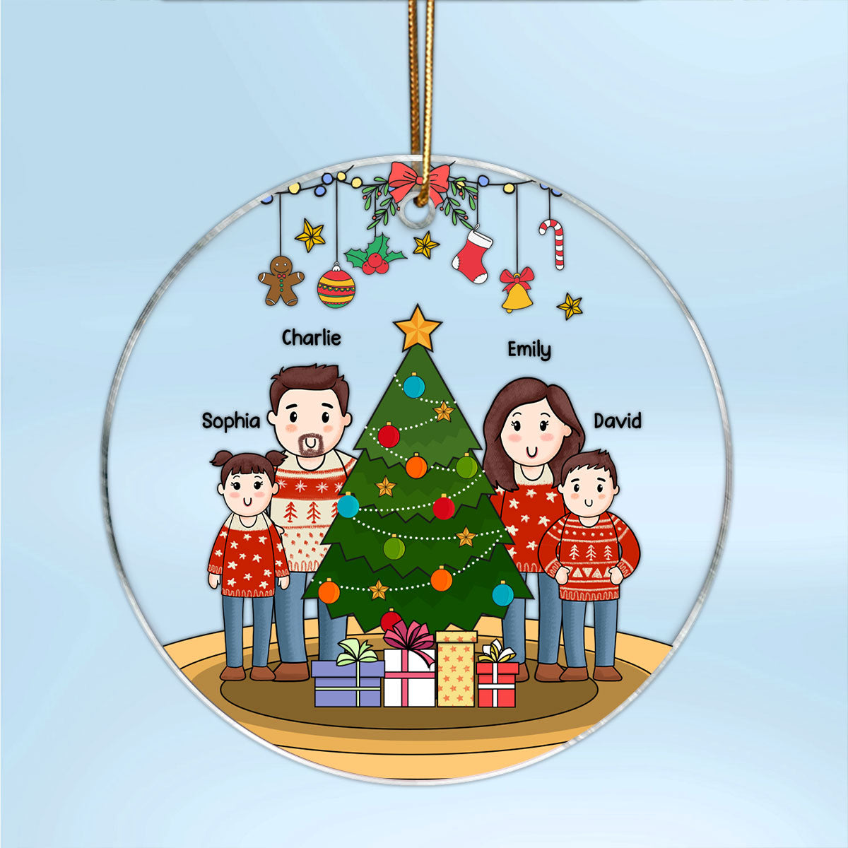 Comic Family Standing Around Christmas Tree Personalized Acrylic Ornament, Christmas Gift For Family