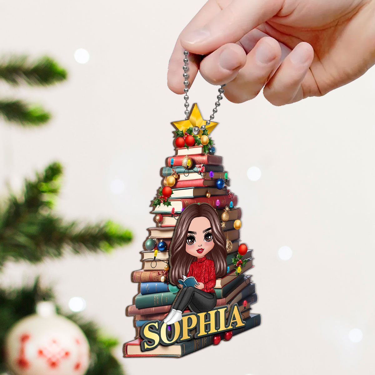 Christmas Book Tree Name Personalized 2-Layer Wooden Ornament, Book Lover Gift, Bookworm Gifts