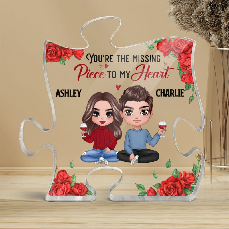 Rose Pattern Doll Couple Sitting Gift For Him For Her Personalized Puzzle Acrylic Plaque