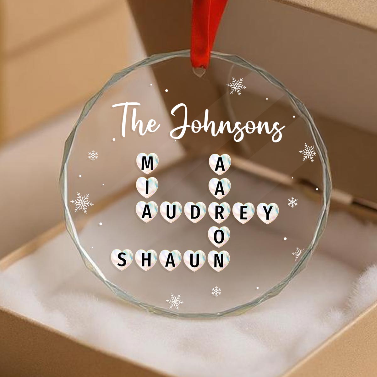 Unique Family Decor Beautiful Heart Crossword Puzzle Art Personalized Glass Ornament, Christmas Keepsake