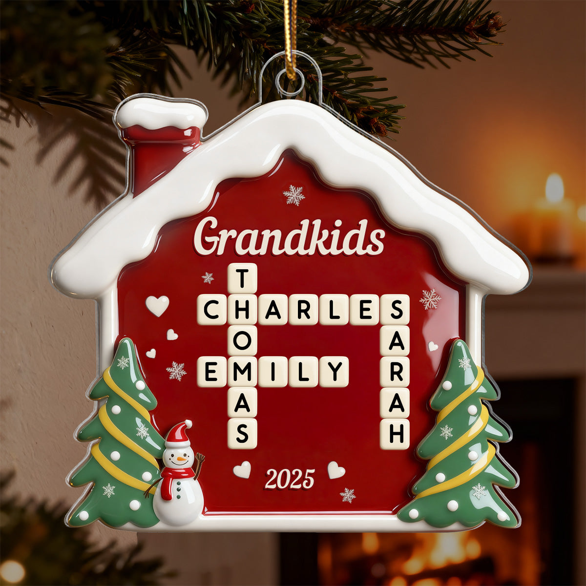 3D Effect Festive Christmas House Grandparents Grandkids Forever Linked Together Crossword Puzzle Art - Personalized Acrylic Ornament