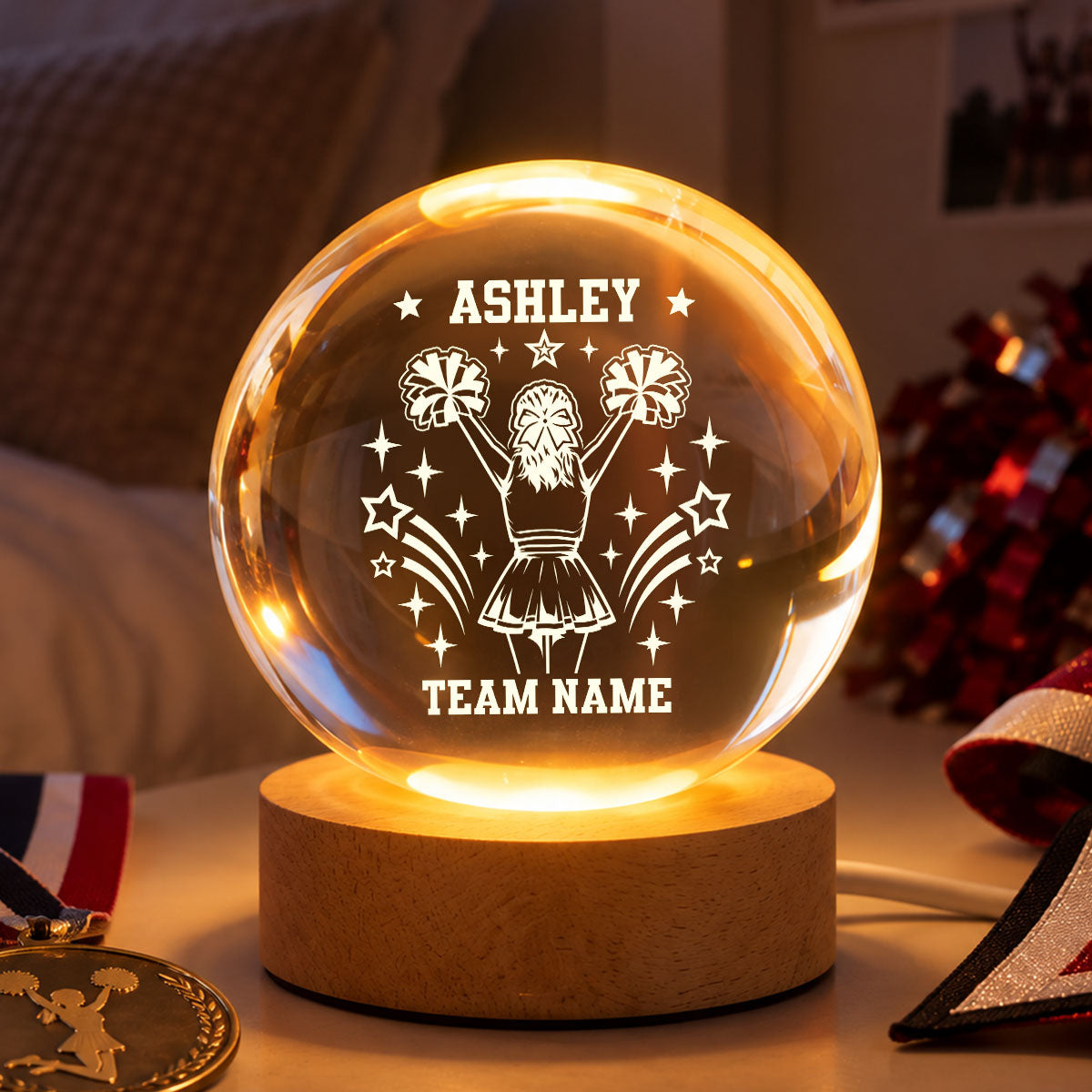 Proud Cheerleader Custom Name And Team Name - Personalized Crystal Ball LED Night Light - Christmas Gift For Cheerleaders, Daughter, Granddaughter