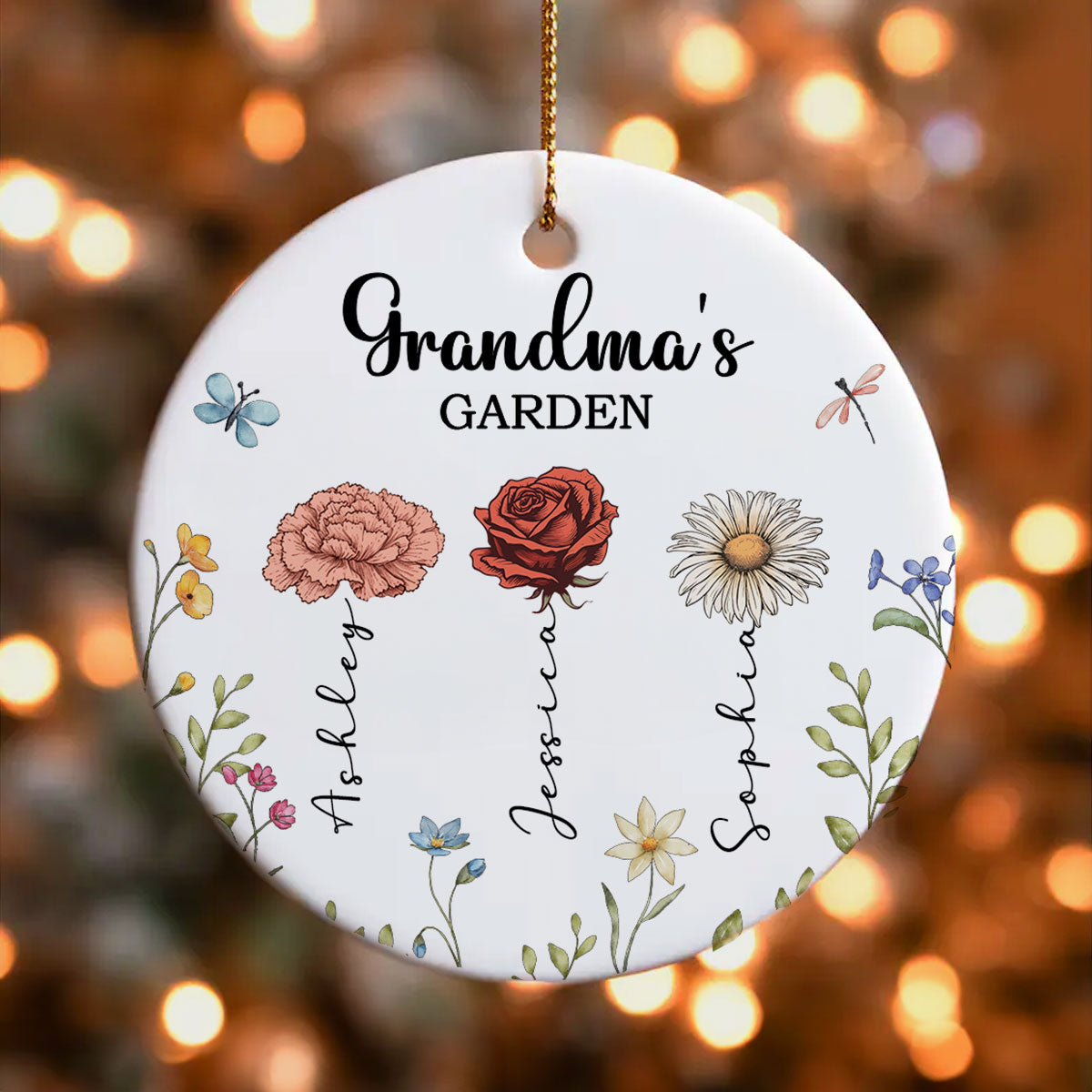 Grandma's Garden Personalized Ceramic Ornament, Christmas Gift For Grandma, Grandkids, Granddaughter, Grandson