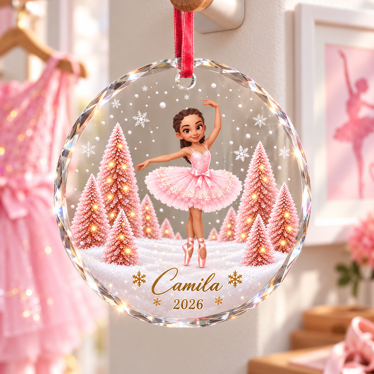 Pink Ballerina 2D Flat - Personalized Glass Ornament – Christmas Gift for Daughter, Granddaughter & Young Dancers
