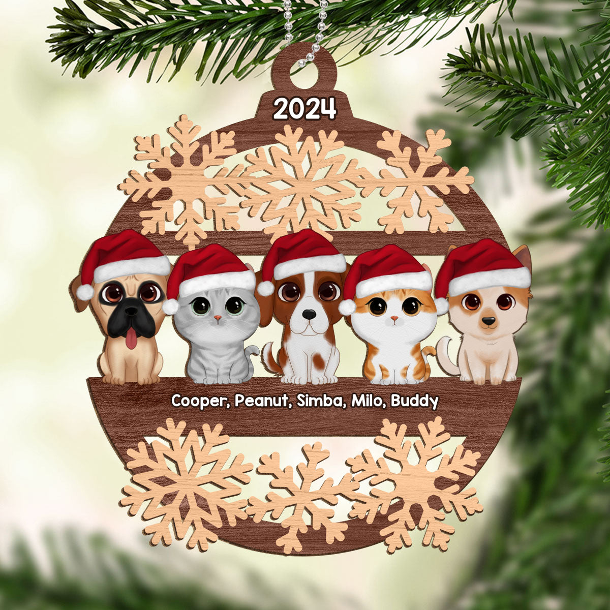Snowflake Dogs Cats Christmas Sitting Personalized Wooden Ornament