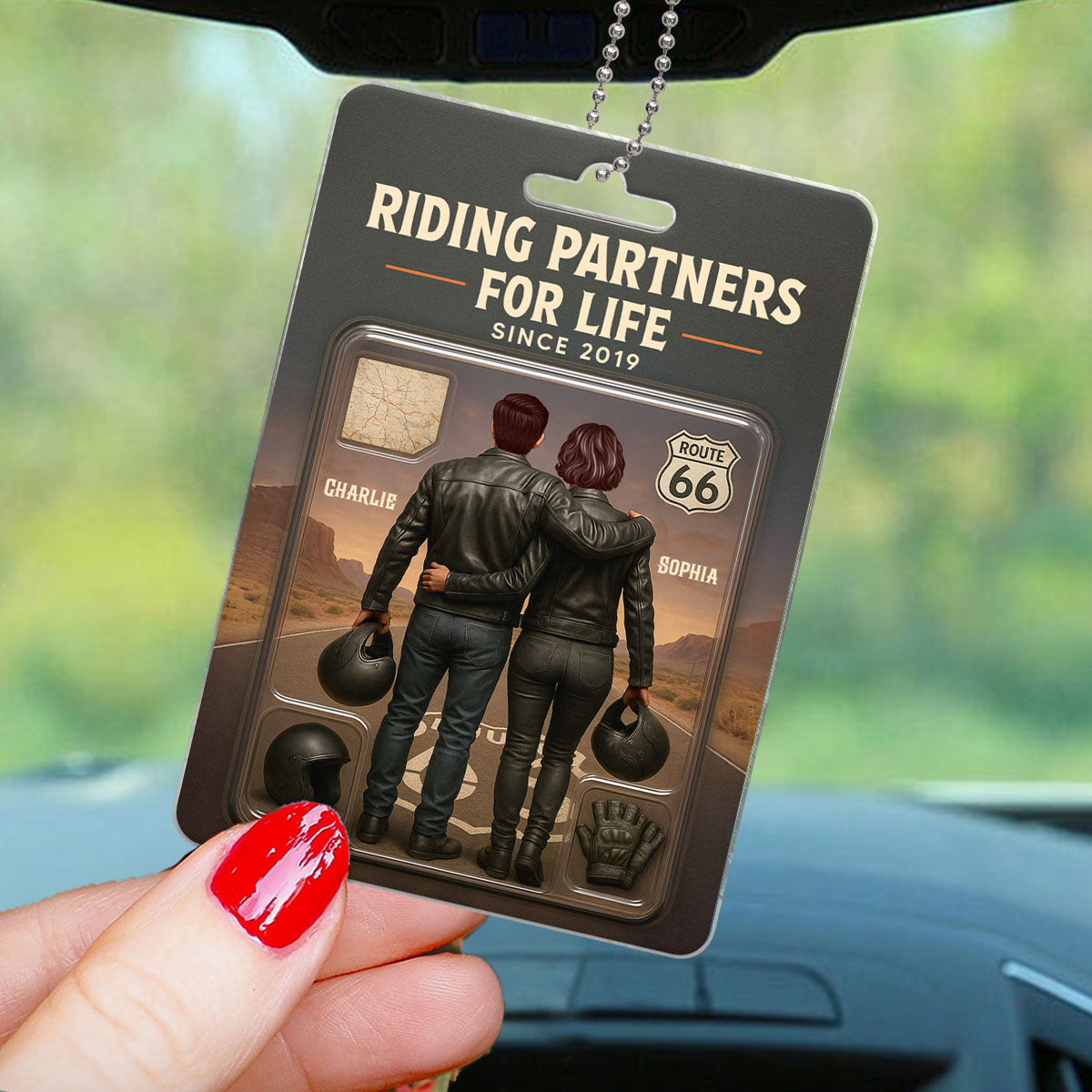 3D Effect Custom Figure Couple Bikers Riding Partners For Life Personalized Acrylic Car Hanger